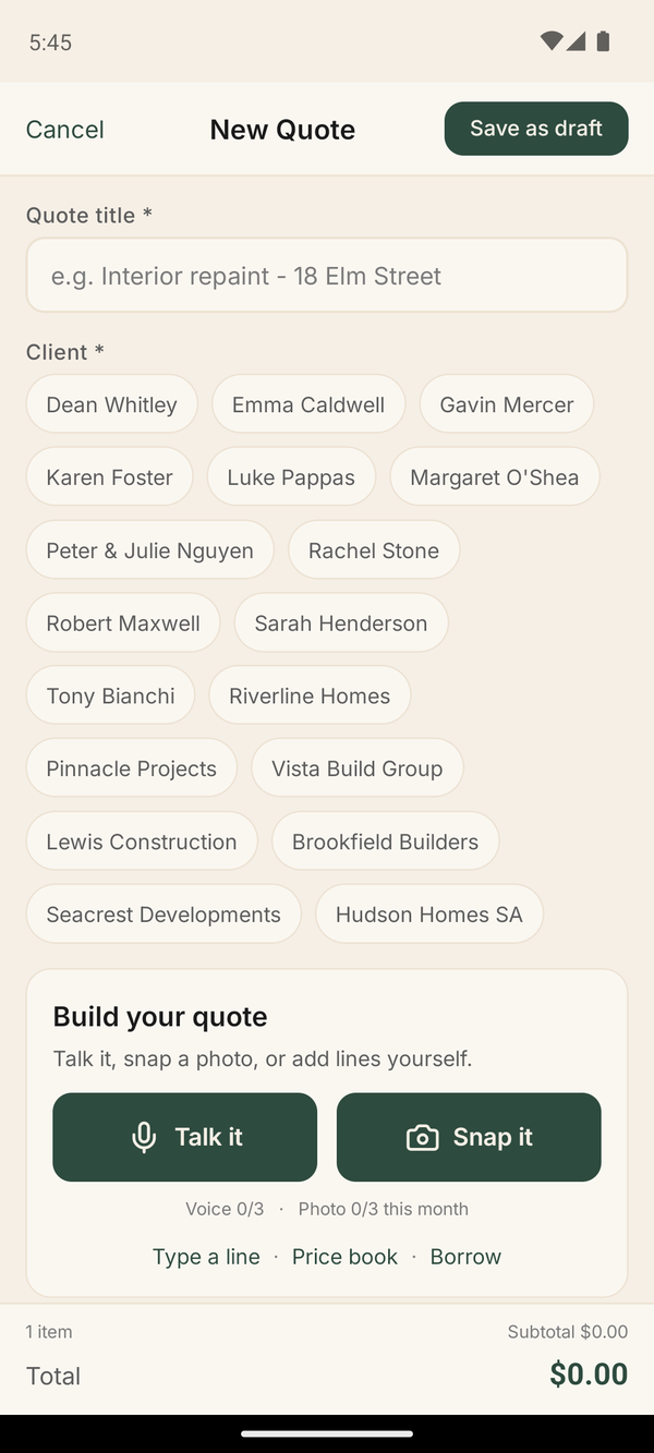 SoloTrade new quote screen with Talk it and Snap it capture buttons