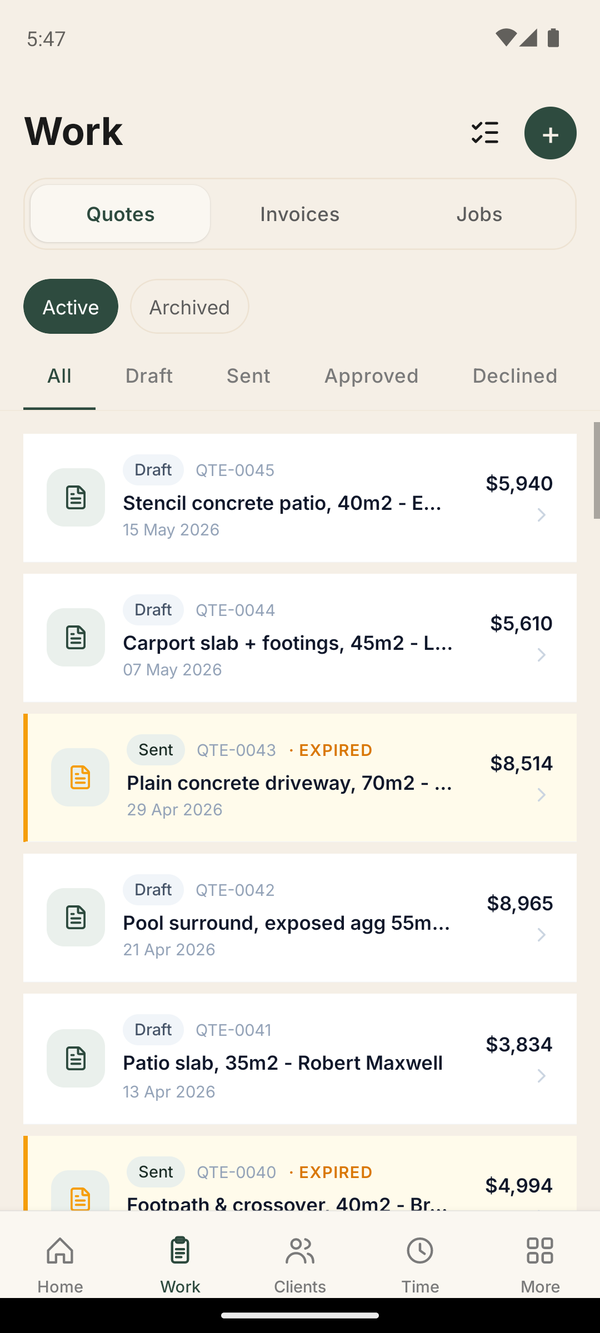 List of quotes with statuses and totals